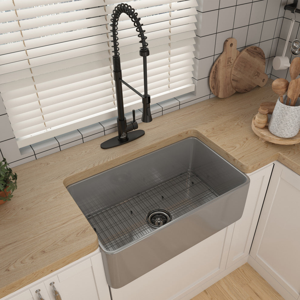 30in Single Bowl Farmhouse Apron Kitchen Sink with Bottom Grid and Strainers, 30