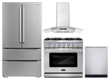 4 Piece, 36" Gas Range 36" Range Hood 24" Dishwasher & Refrigerator