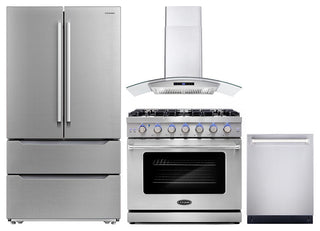 4 Piece, 36" Gas Range 36" Range Hood 24" Dishwasher & Refrigerator