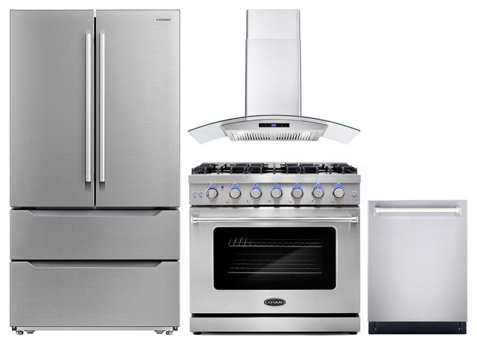 4 Piece, 36" Gas Range 36" Range Hood 24" Dishwasher & Refrigerator