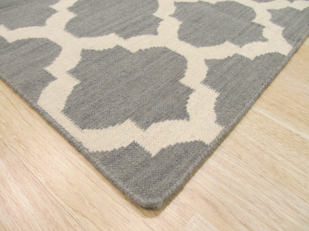 Handmade Wool Gray Contemporary Trellis Flatweave Reversible Moroccan Rug, 10'x14'
