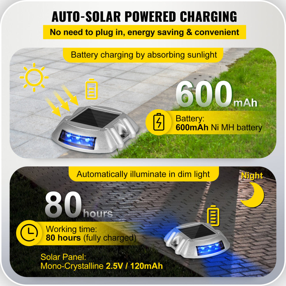 Solar Driveway Lights, Switch Button, Wireless, 6 LEDs, Blue, 24 Pieces