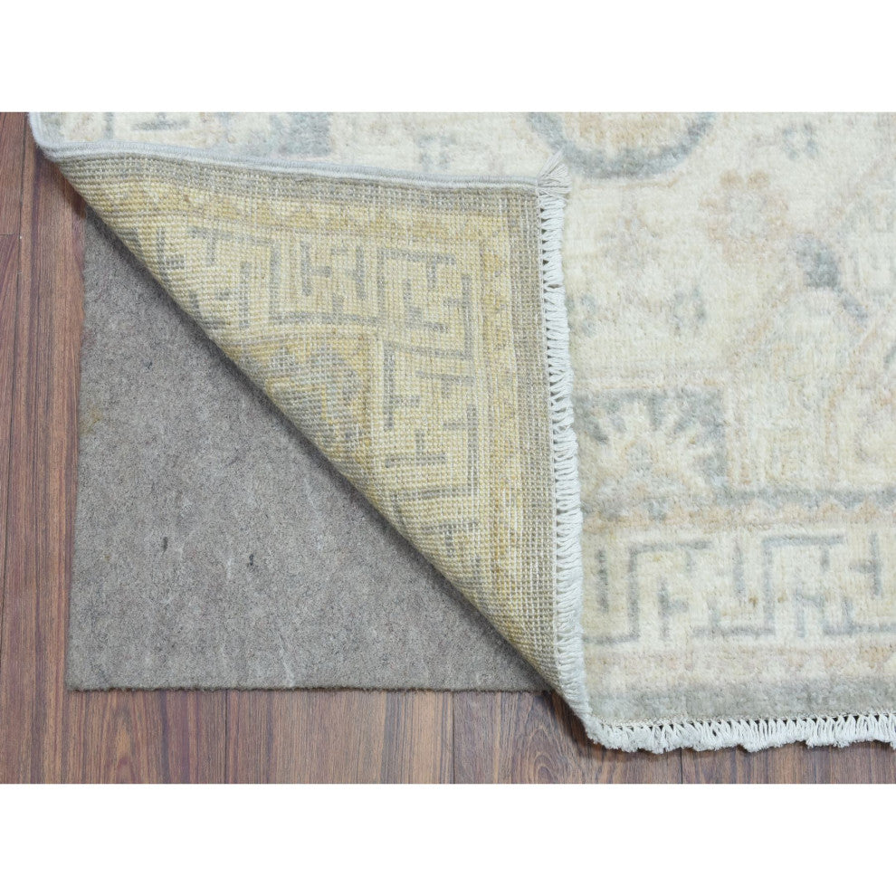 Cream White Wash Peshawar Velvety Wool Hand Knotted XL Runner Rug, 2'9"x18'9"