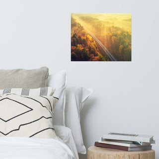 Sunrise Railroad Though Misty Forest Landscape Photo Loose Wall Art Prints, 16" X 20"