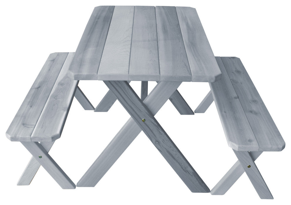 Cedar Cross-Leg Table with 2 Benches, Gray Stain, 5 Foot