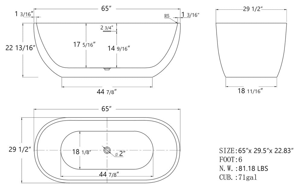 Acrylic Roll-Top Freestanding Flatbottom Soaking Bathtub, Black, 65"30"