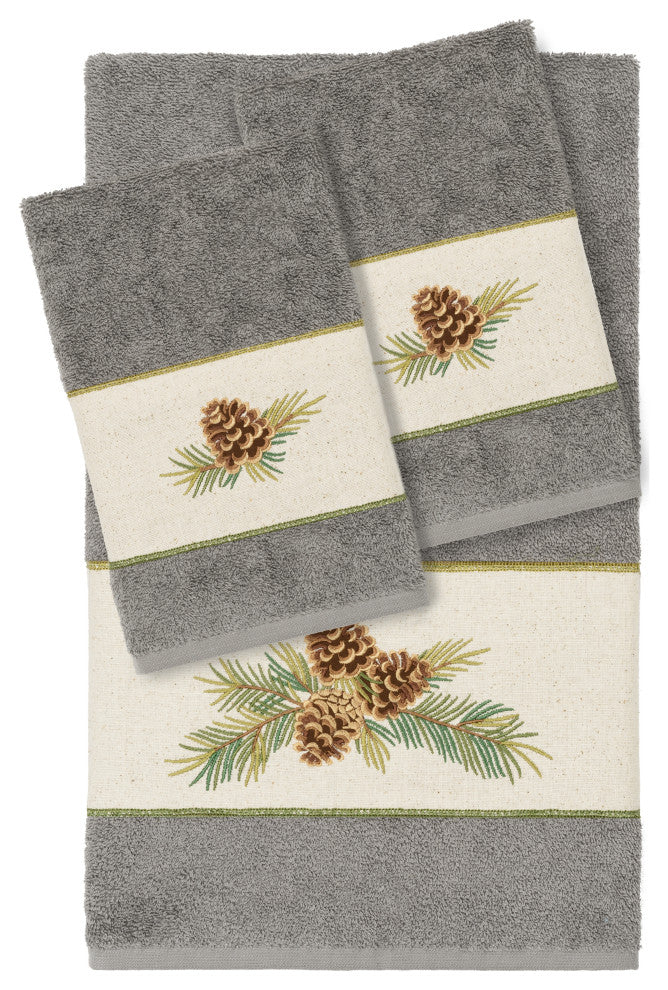 Linum Home Turkish Cotton Pierre 3-Piece Embellished Towel Set, Dark Gray