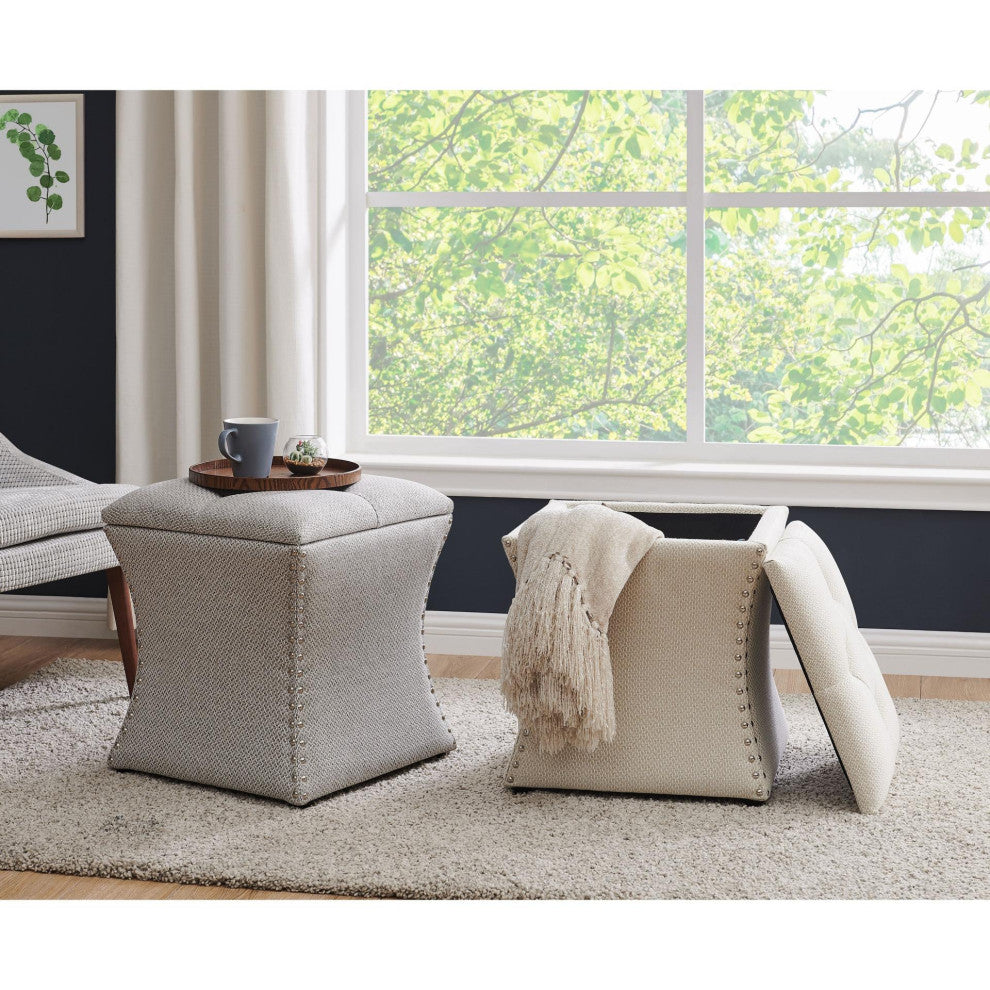 Amelia Fabric Nailhead Tufted Storage Ottoman, Cardiff Gray