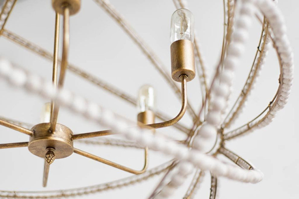 Ava White Beaded Wood With Gold Metal Frame Six Bulb Chandelier