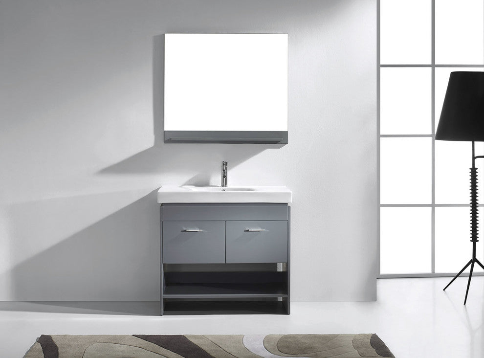 Virtu Gloria 36" Single Bathroom Vanity, Gray, Brushed Nickel Faucet, Mirror
