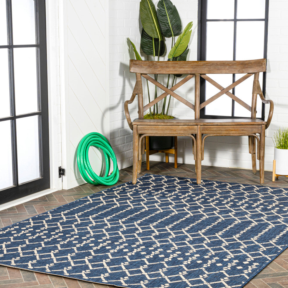 Ourika Moroccan Geometric Indoor/Outdoor Rug, Navy/Beige, 4x6