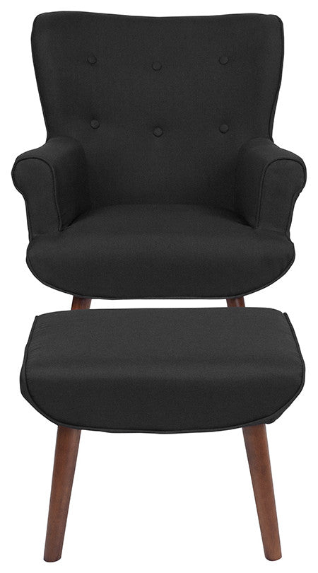 Bayton Upholstered Wingback Chair With Ottoman In Black Fabric