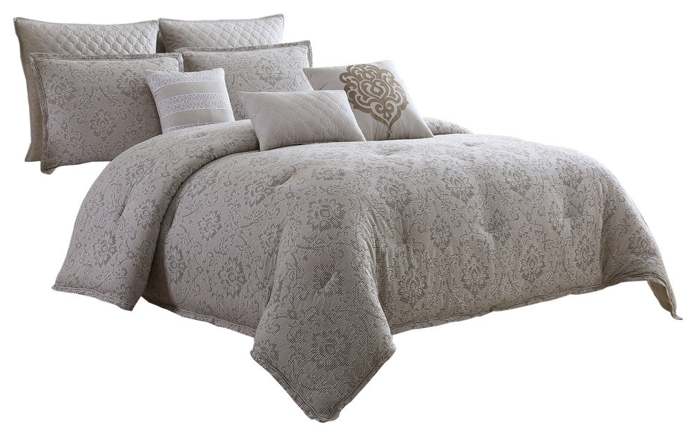 Benzara BM225180 9 Piece Queen Comforter Set with Textured Floral Print, Gray