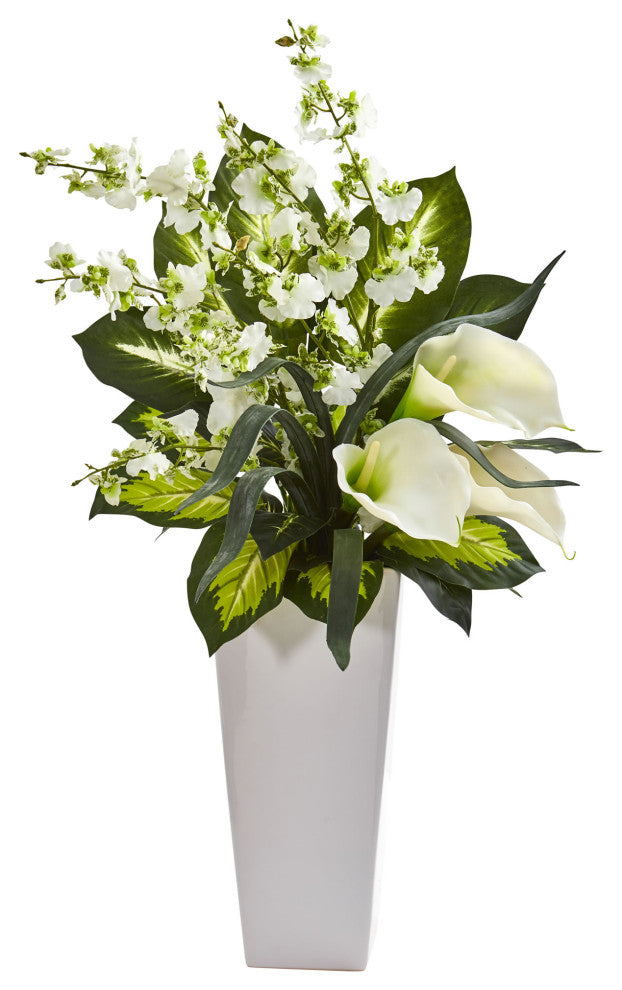 29" Calla Lily and Orchid Artificial Arrangement in White Vase, White