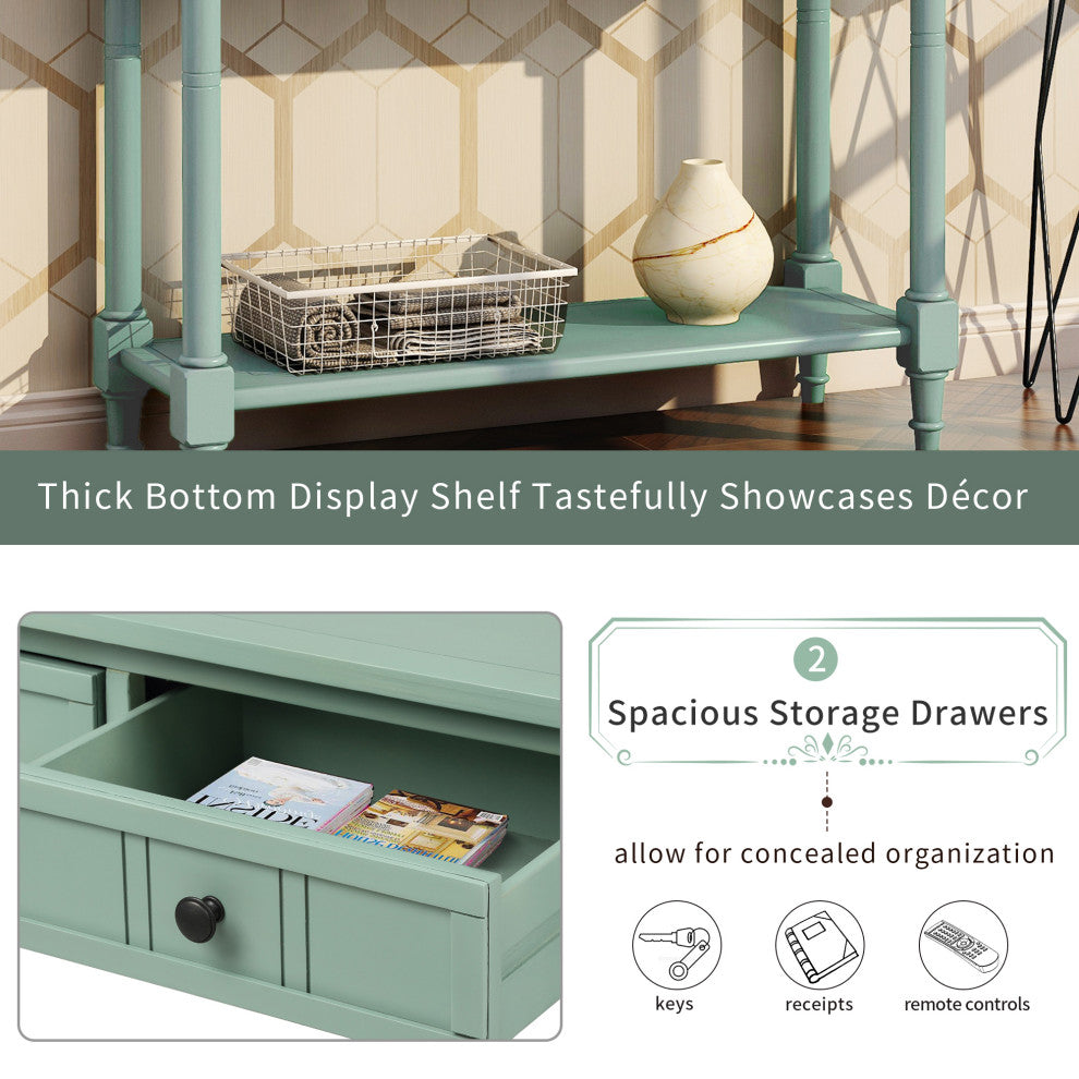 Console Table with Two Drawers and Bottom Shelf, Antique Blue
