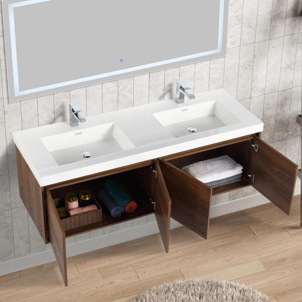 Wall Mounted Bathroom Vanity, Brown Walnut, 60'' W/ Double Sink