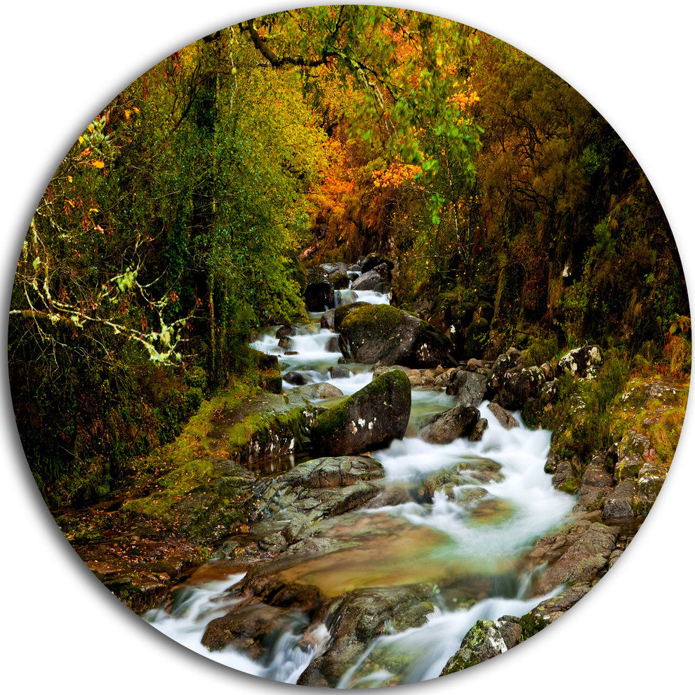 Flowing River In Autumn, Landscape Photo Disc Metal Artwork, 11"