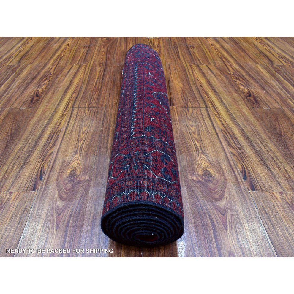 Red Geometric Design Hand Knotted Afghan Khamyab Wool Runner Rug, 3'0"x9'10"