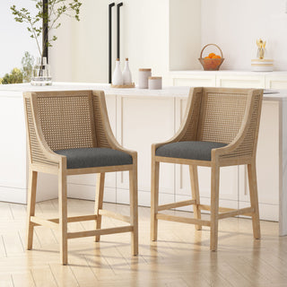 Deville Fabric Upholstered Wood and Cane 25.5 inch Counter Stools, Set of 2, Charcoal