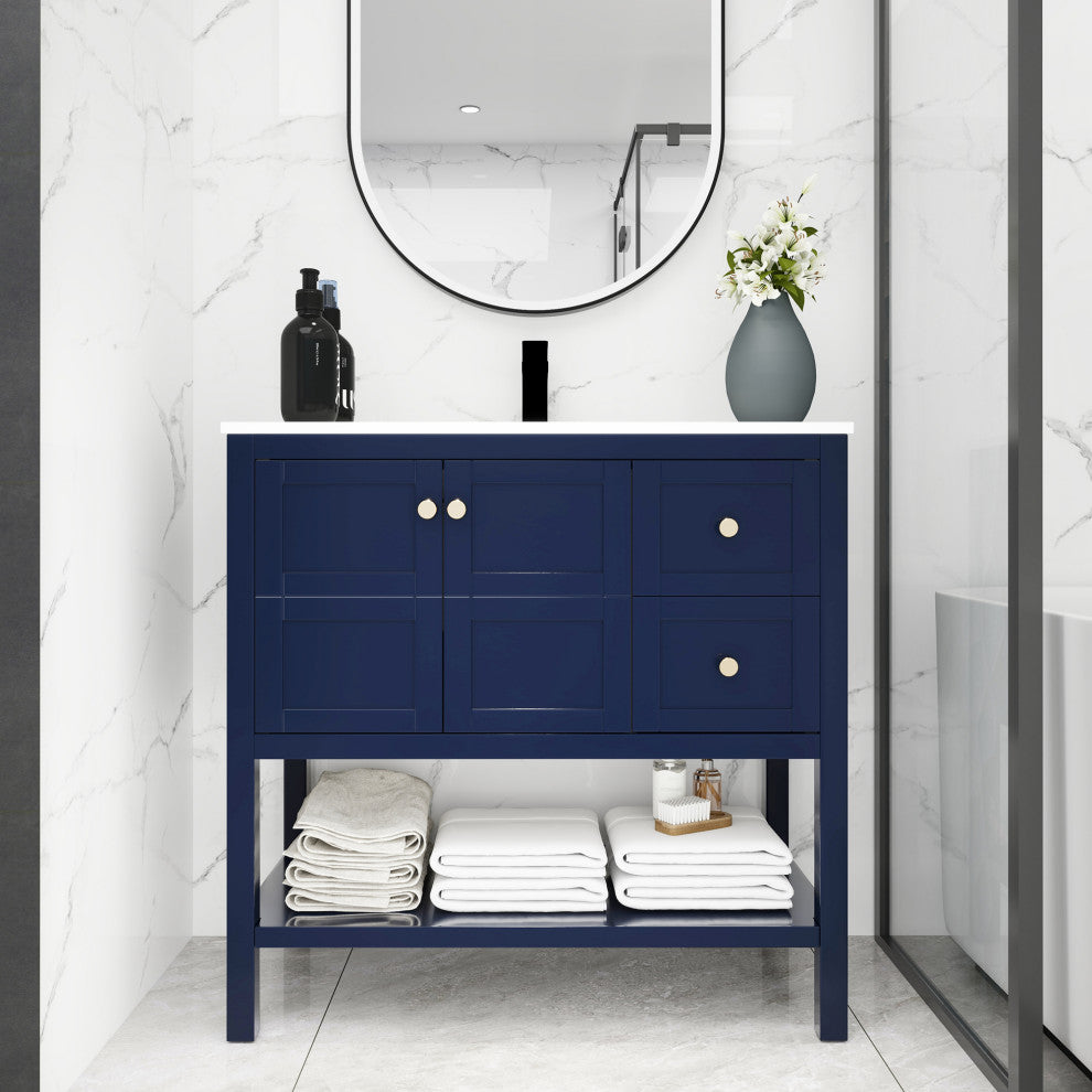 36" Plywood Freestanding Bath Vanity Set, Integrated Resin Sink