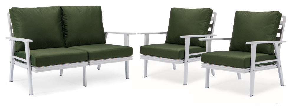 LeisureMod Walbrooke 3-Piece Patio Set With White Aluminum Frame and Cushions, Green