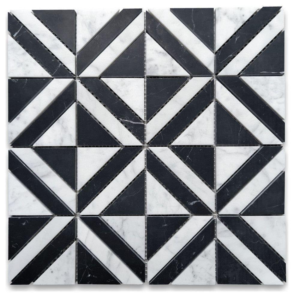 Carrara White Marble Striped Square Maze Mosaic Tile Marquina Black, 1 sheet