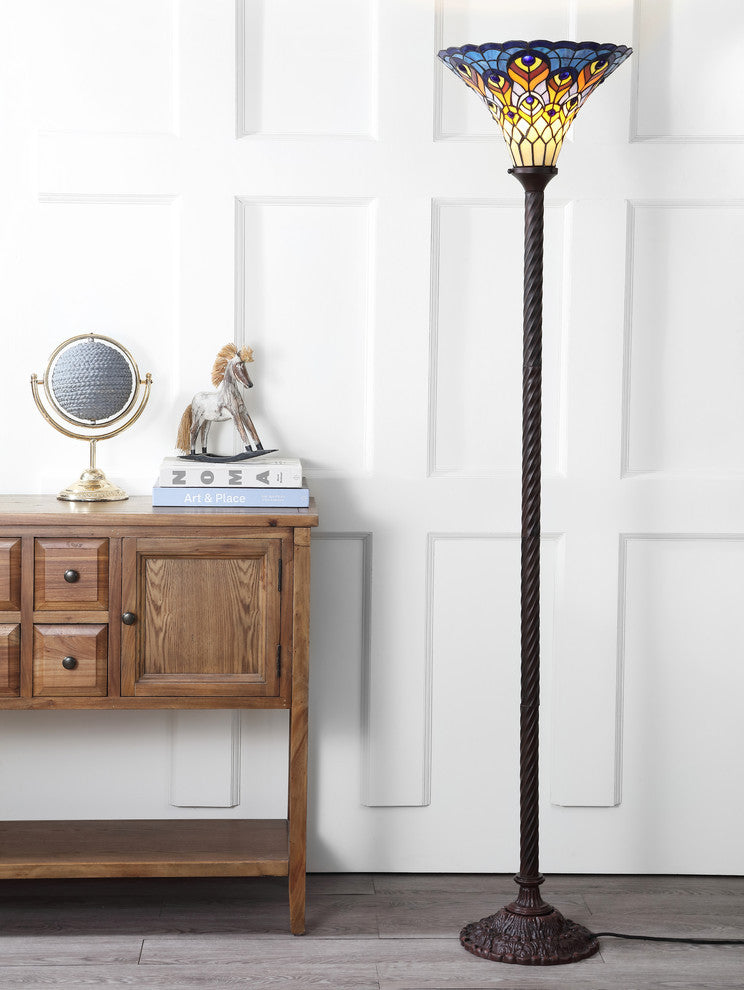 Peacock Tiffany-Style 70" Torchiere Floor Lamp, Bronze
