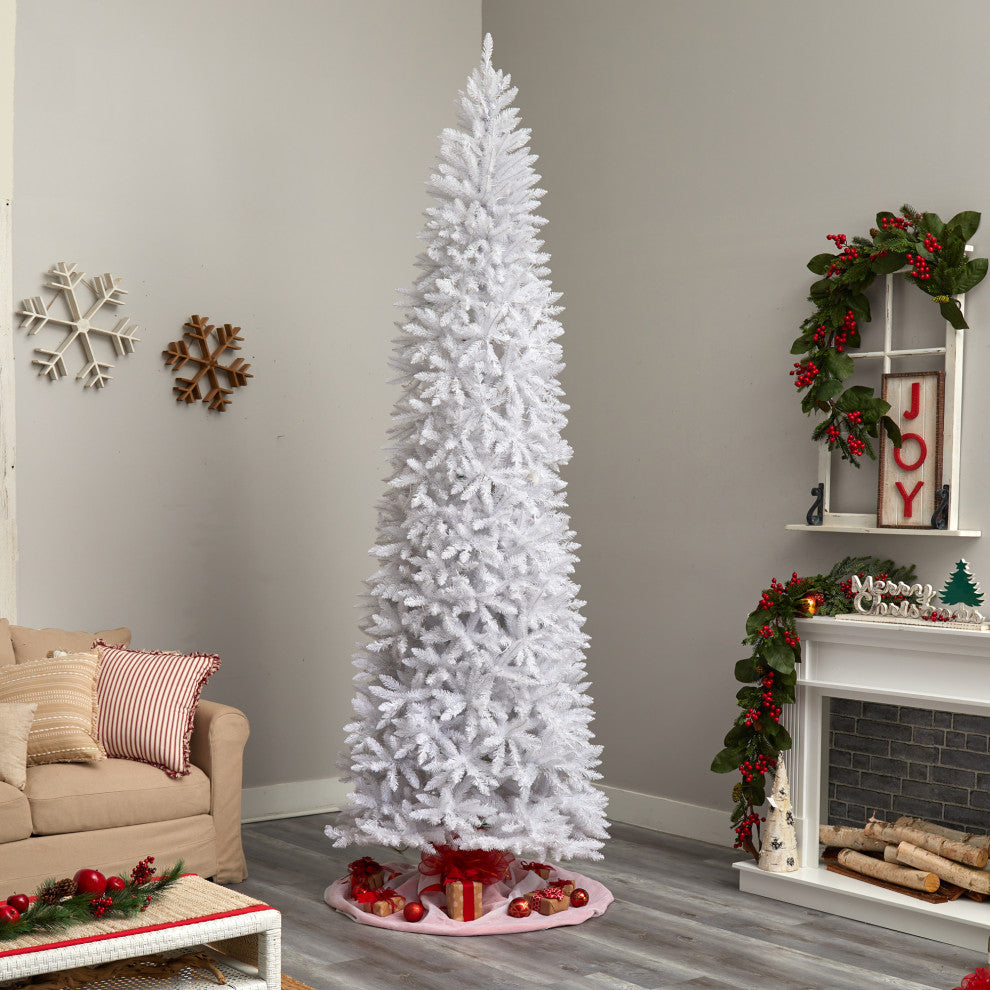 10' Slim White Faux Xmas Tree W/ 800 Warm White Lights & 2420 Bendable Branches