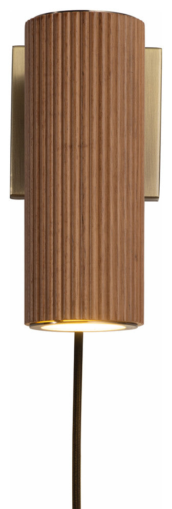 Tambo Wall Sconce - Dark Walnut Wood Finish, Weathered Brass, Dimmer, Natural Ash