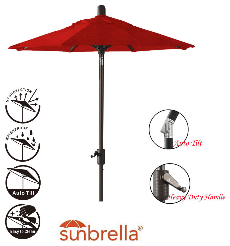 6' Round Auto Tilt Market Umbrella, Antique Bronze Frame, Jockey Red