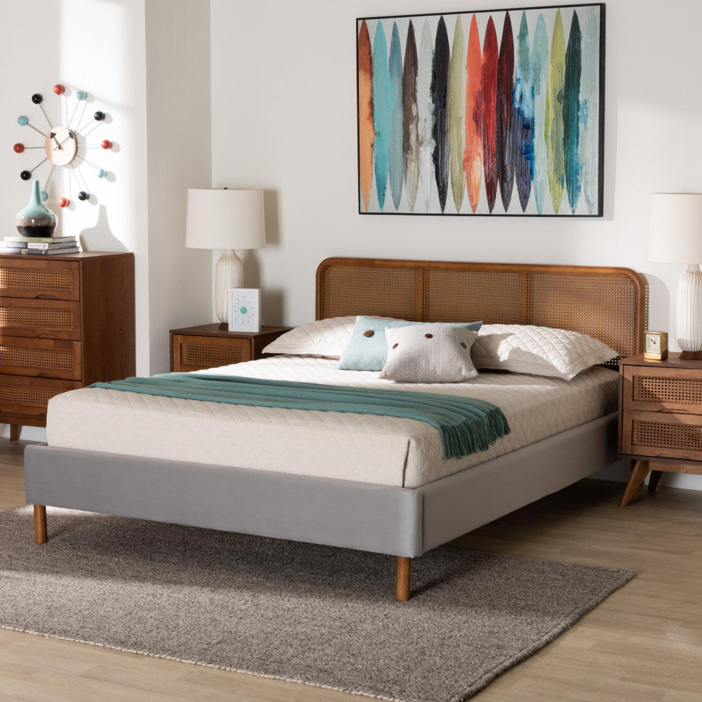 Fay Light Grey Velvet Queen Size Platform Bed