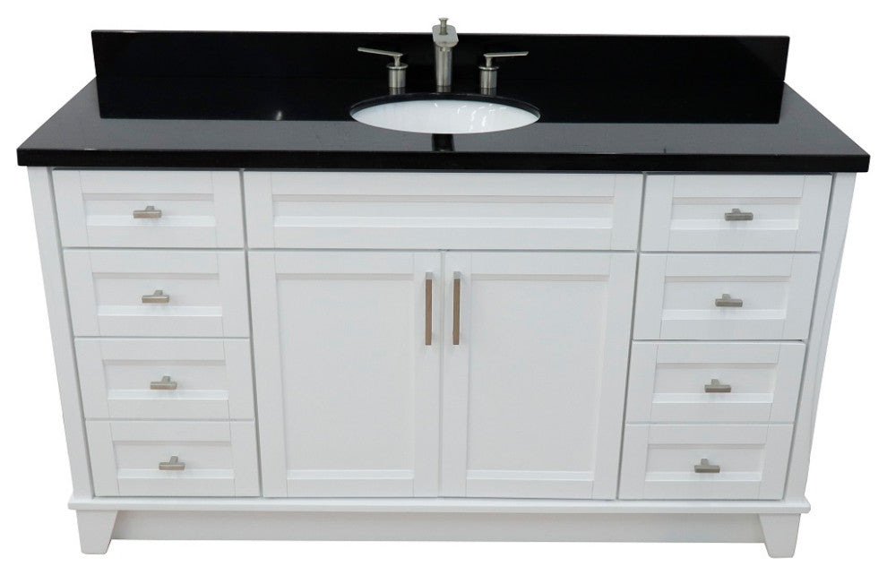 61" Single Sink Vanity, White Finish And Black Galaxy Granite And Oval Sink