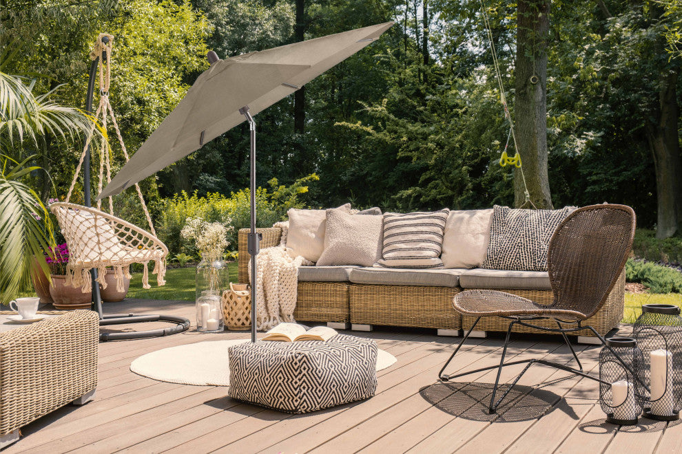 9' Round Push Tilt Market Umbrella, Antique Bronze frame, Sunbrella, Taupe