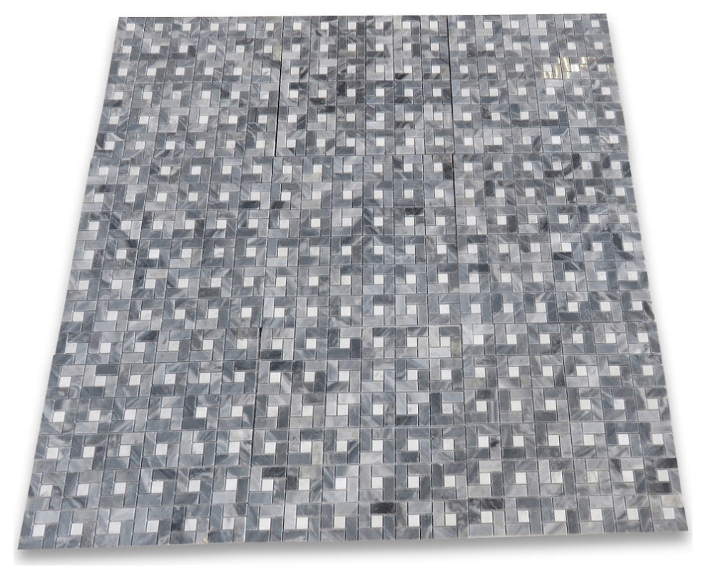 Bardiglio Gray Dark Grey Marble Pinwheel Mosaic Tile White Dots Polish, 1 sheet