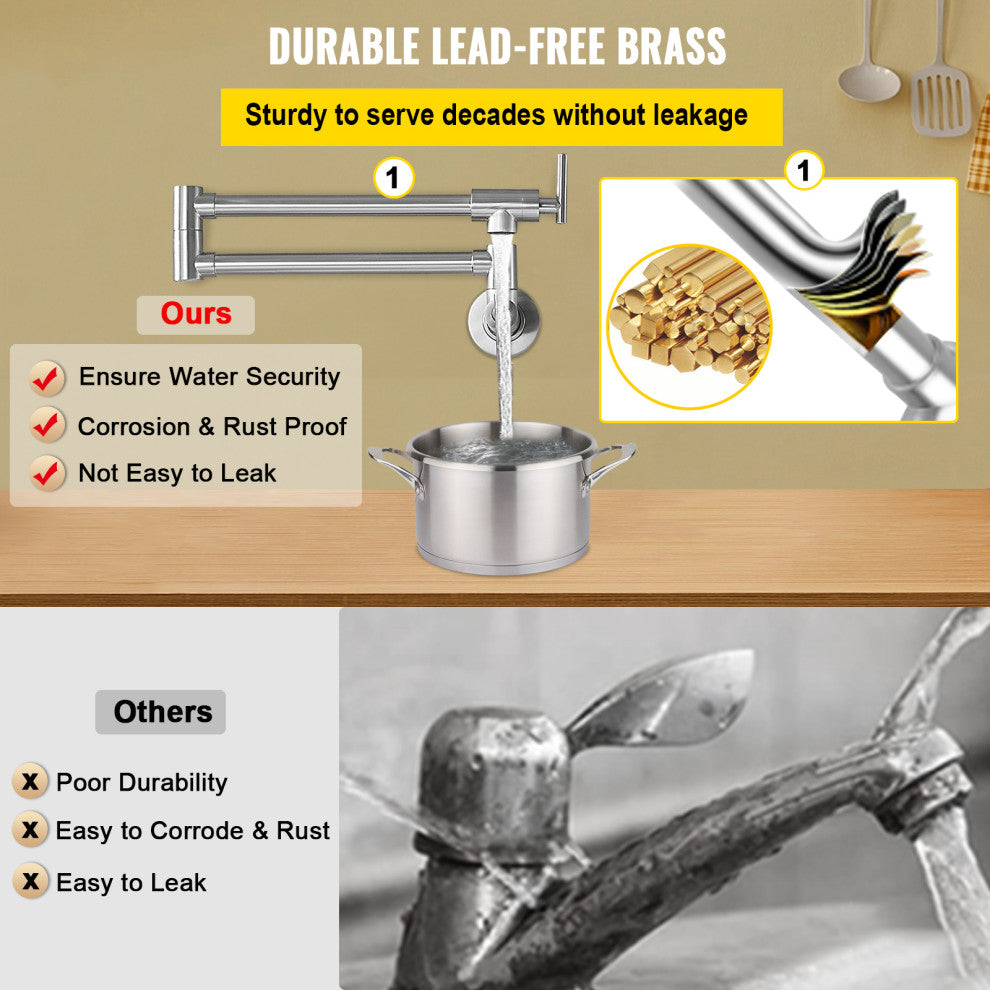 VEVOR Pot Filler Faucet Solid Brass Wall Mount Kitchen Faucet 24.4", Brushed Nickel