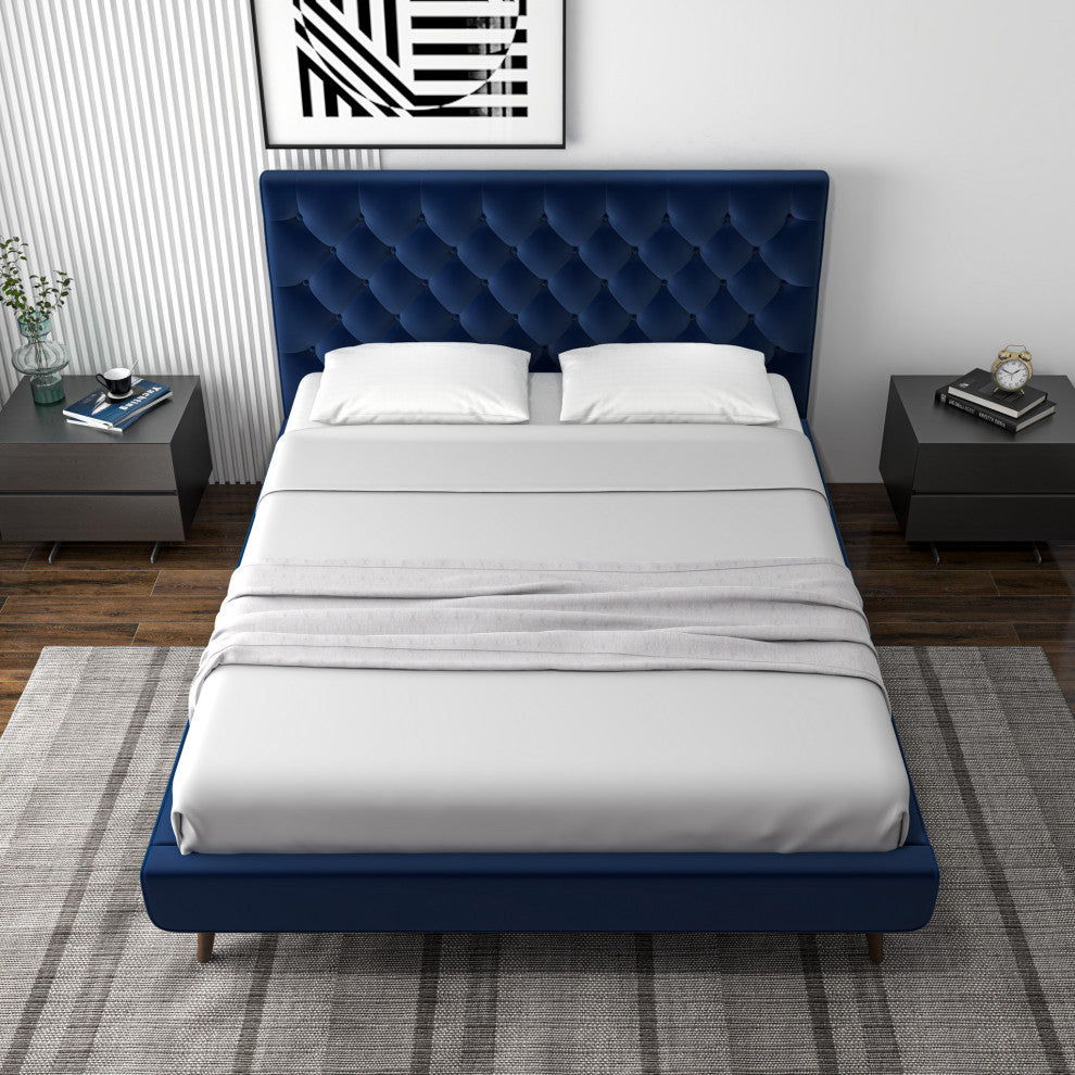 Ashley Midcentury Velvet Tufted Solid Wood Platform Bed, Blue, Queen