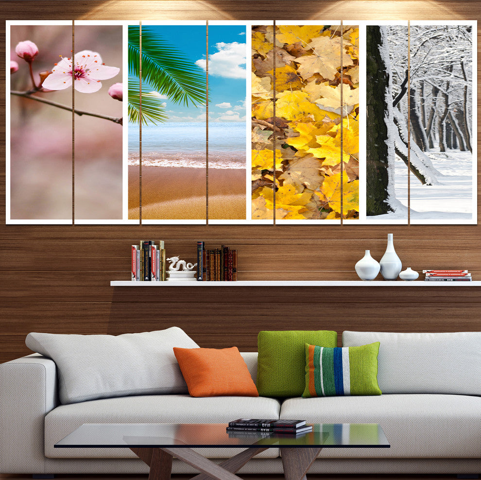 Four Seasons World Collage, Landscape Canvas Art Print, 83"x32", 7 Panels
