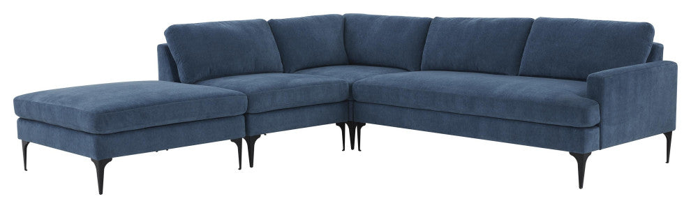 Serena Blue Velvet Large Left Arm Facing Chaise Sectional With Black Legs