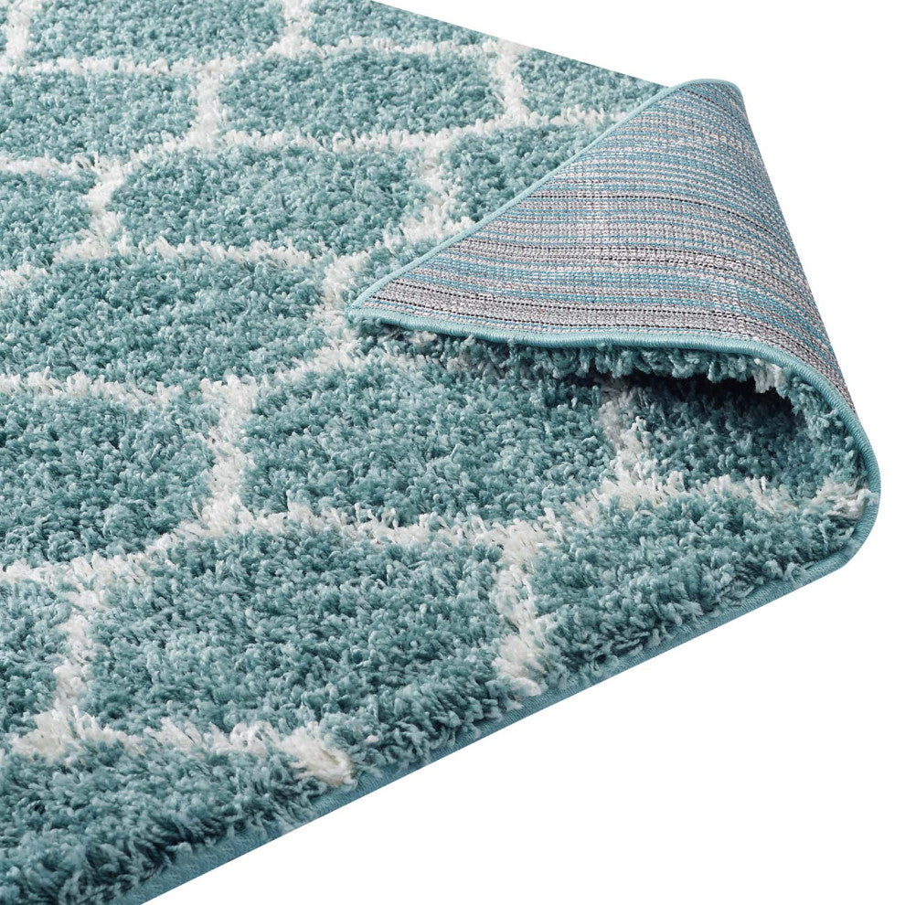 Aqua Blue and Ivory Solvea Moroccan Trellis 8x10 Shag Area Rug
