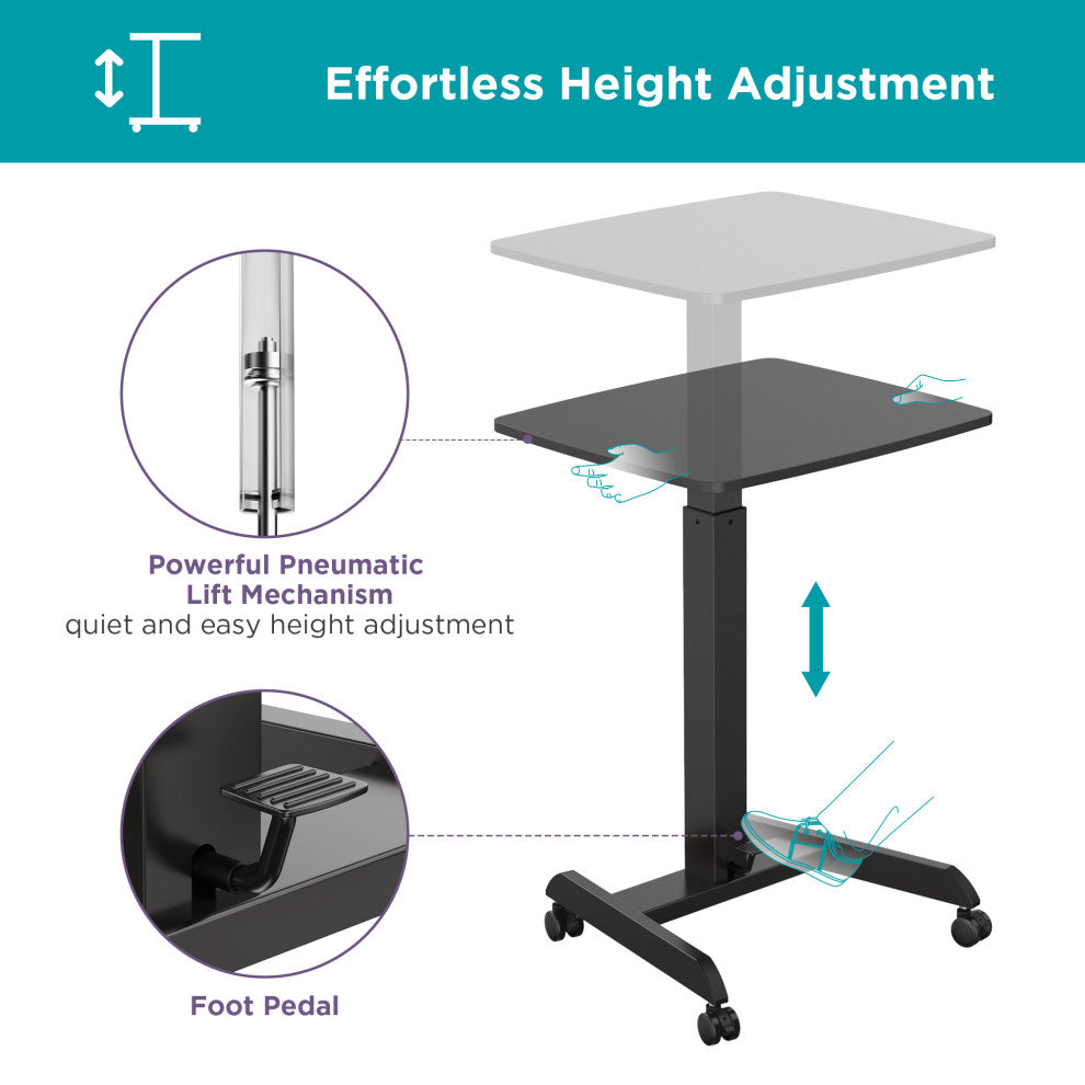 Mobile Pedal Controlled Height Adjustable Sit Stand Desk, Compact Size, Black