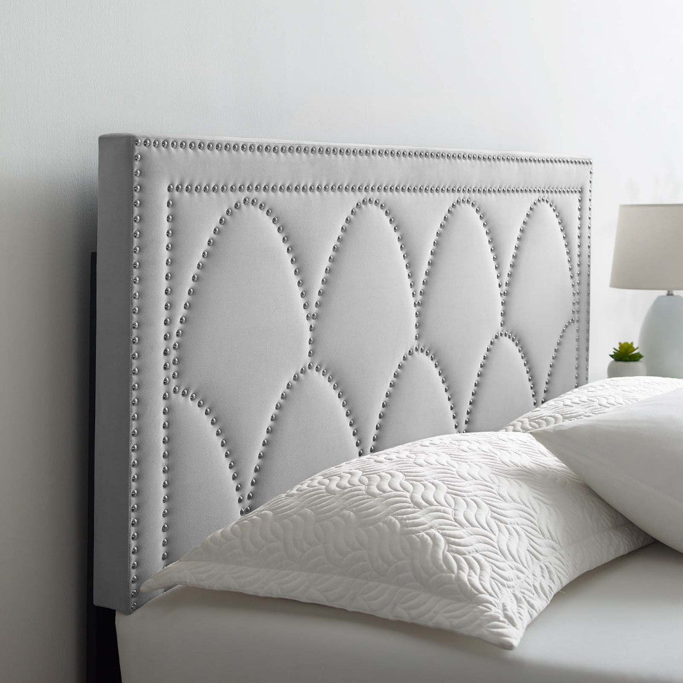 Platform Bed Frame, Nailhead, Queen Size, Gray, Velvet, Modern