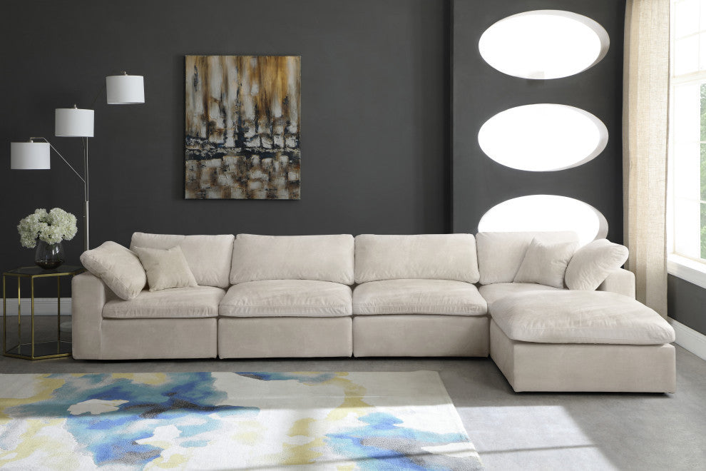 Cozy Velvet Upholstered Comfort L-Shaped Modular Sectional, Cream, 5-Piece: 2 Armless Chair, 2 Corner Chair, 1 Ottoman