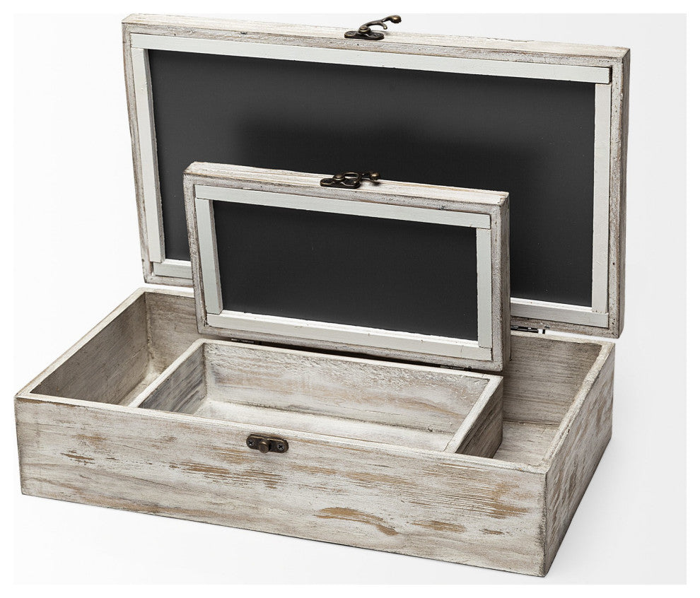 Set of Two Distressed White Wooden Boxes