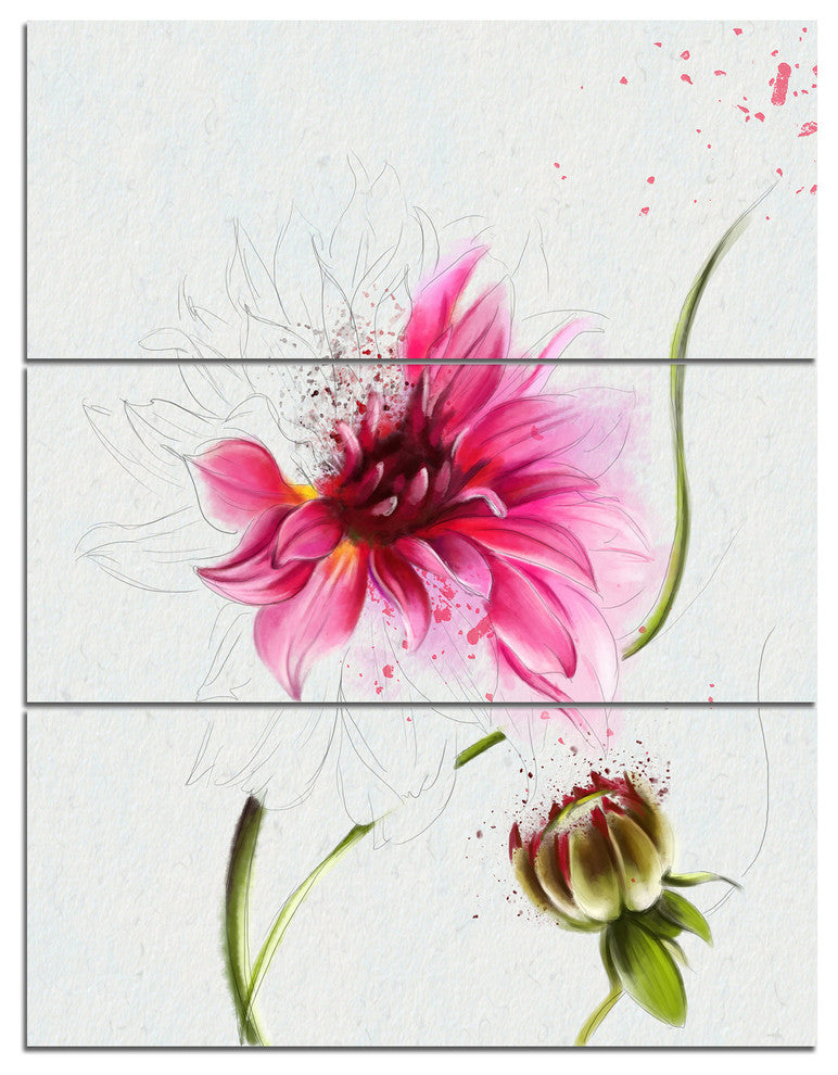Pink Flower with Stem and Bud, Floral Triptych Canvas Art Print, 28x36, 3 Panels
