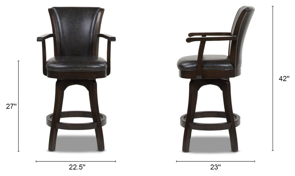 Williams Swivel Bar and Counter Stool With Armrests, Vintage Black Brown Faux Leather, Counter Height