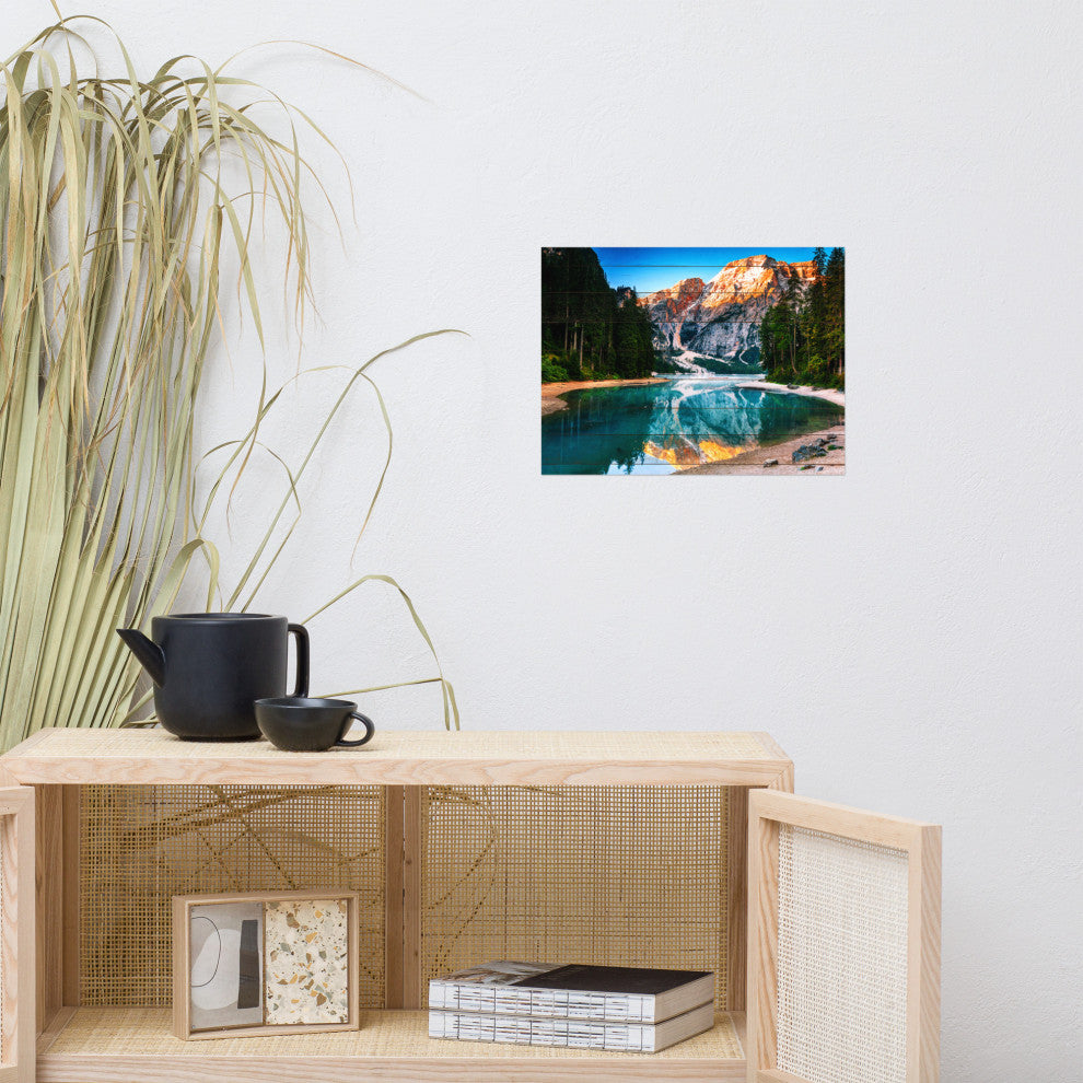 Faux Wood Misty Lake and Snow-cap Mountain Reflections Unframed Wall Art Prints, 12" X 16"