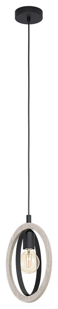 Basildon 1-Light Open Bulb Mini Pendant, Natural Wood, Black Finish