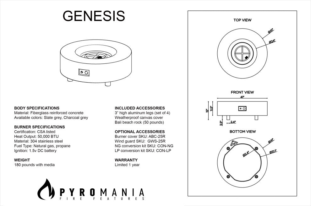 Pyromania Genesis Concrete Round Fire Table, 41", Charcoal Gray, Natural Gas