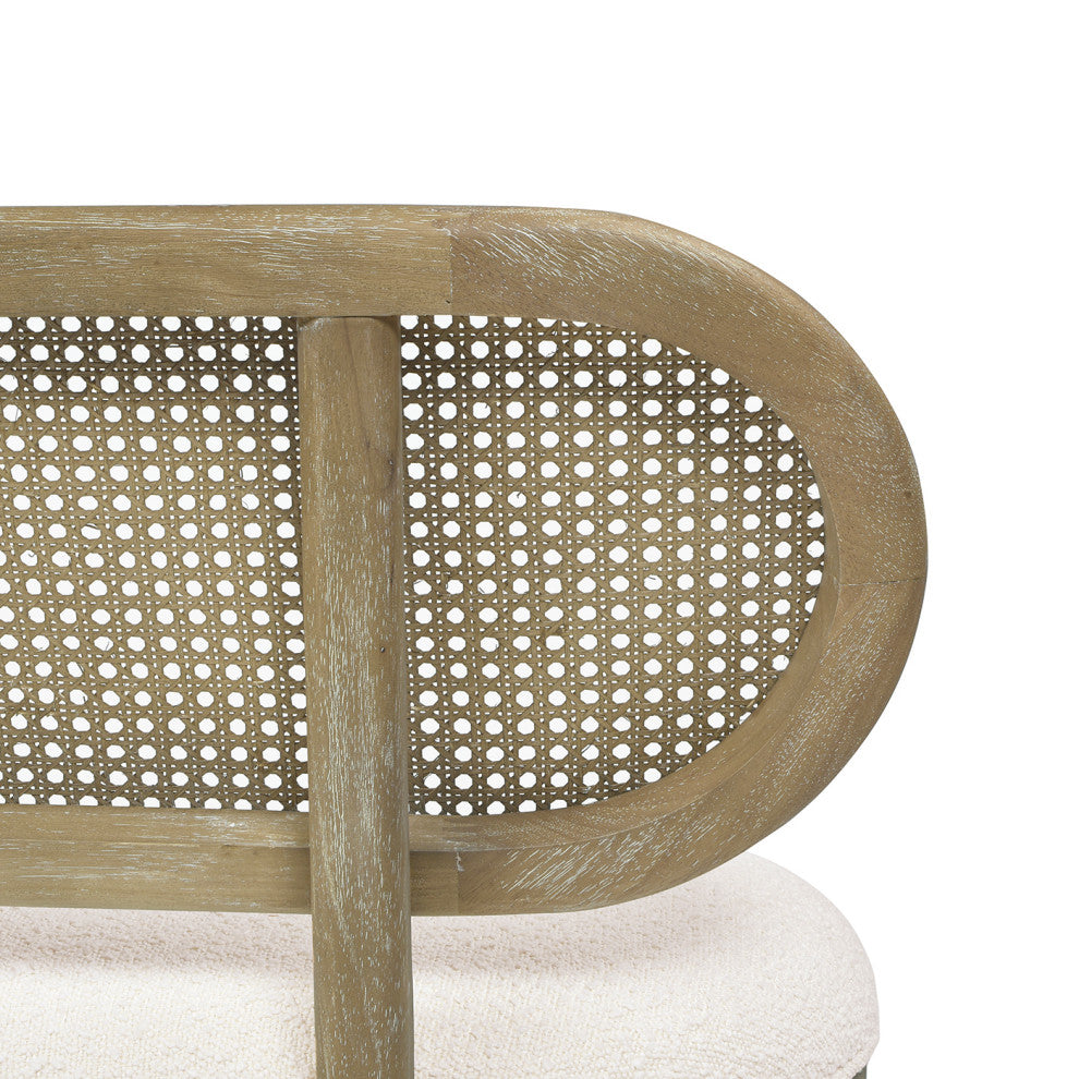 Havana 48" Boucle Upholstered Cane Rattan Bench, Ivory White