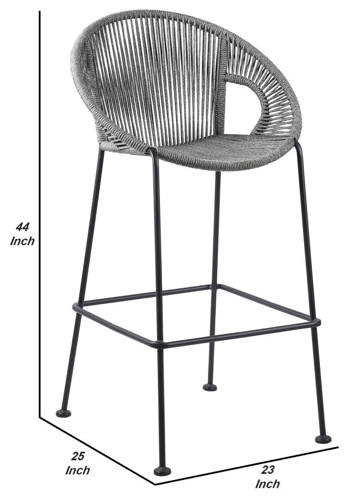 Benzara BM246128 30" Indoor Outdoor Bar Stool With Rounded Rope Woven Seat, Gray